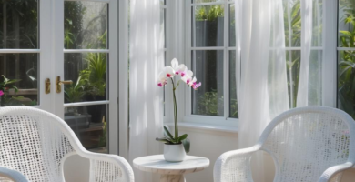 A bright and airy sunroom featuring two white woven armchairs, a white marble side table with an orchid, and large glass windows with sheer white curtains. The room has light wood flooring and is filled with natural light from the glass roof.