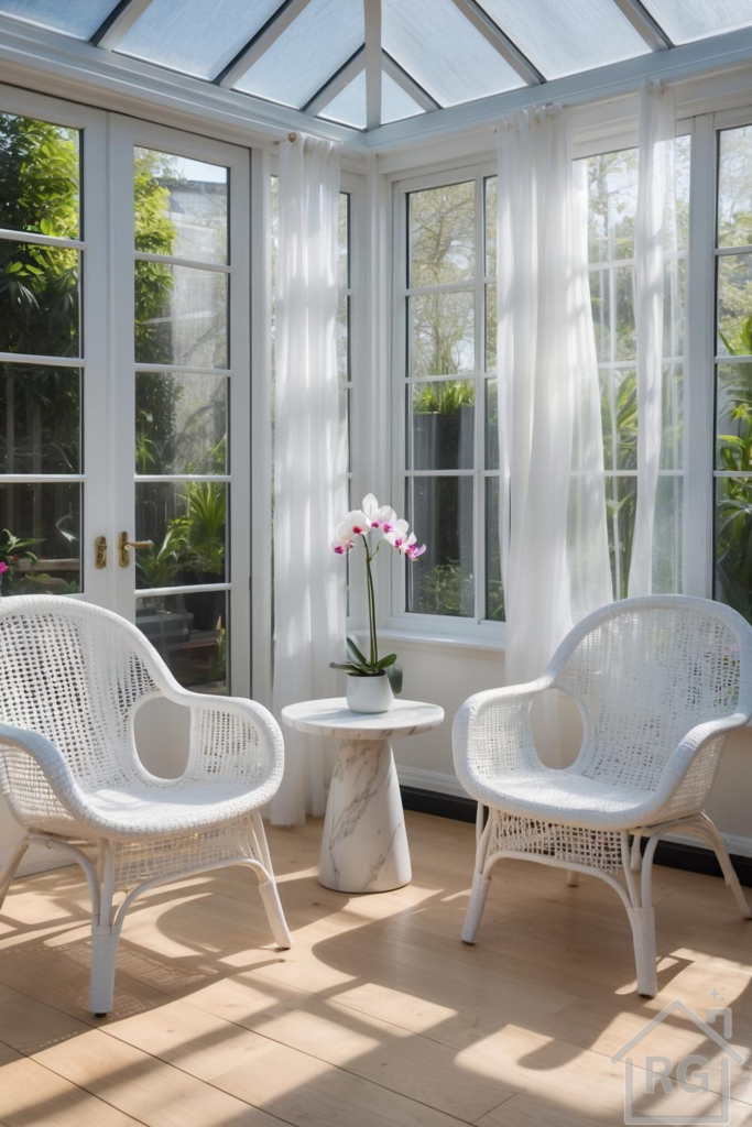 A bright and airy sunroom featuring two white woven armchairs, a white marble side table with an orchid, and large glass windows with sheer white curtains. The room has light wood flooring and is filled with natural light from the glass roof.