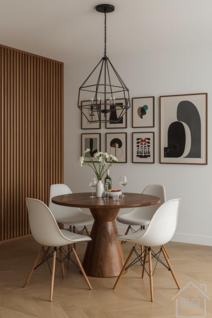 A sleek midcentury modern dining room featuring a round wooden table, four white Eames-style chairs, and a black geometric chandelier. The space is accented by a slatted wood wall panel and a gallery wall of abstract art prints, creating a warm and stylish dining room.