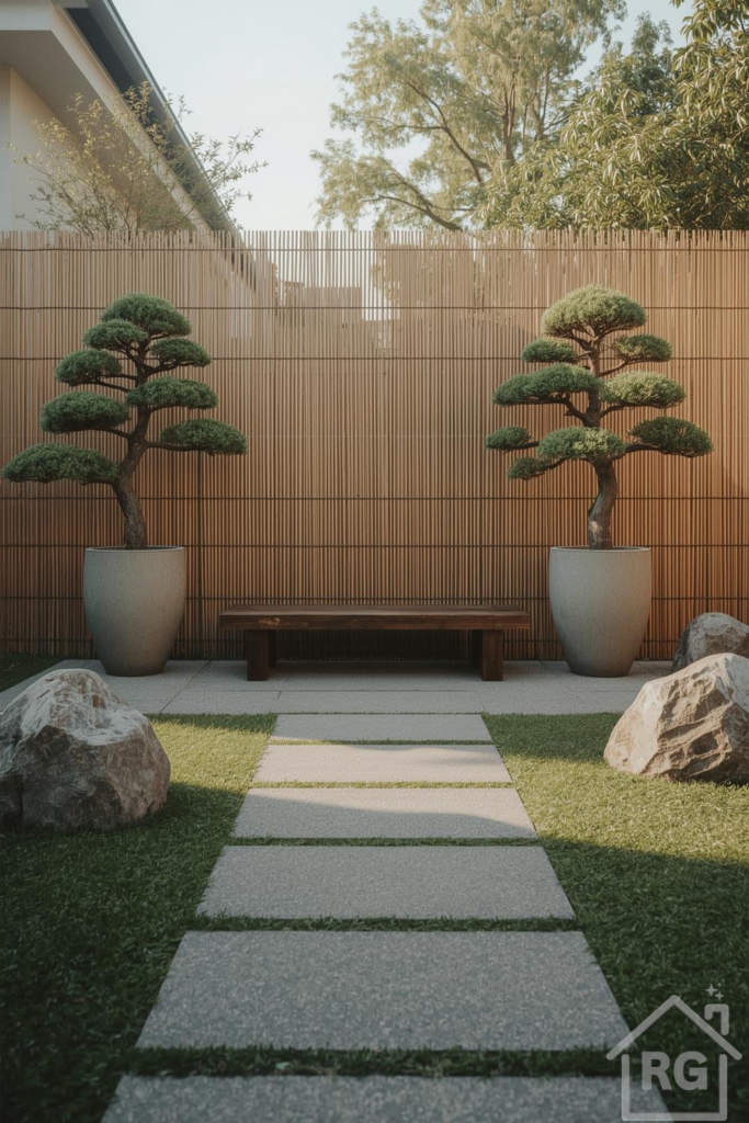 A minimalist Zen garden featuring a tall bamboo fence, a simple wooden bench, two large potted bonsai-style trees, and a stone paver pathway through lush green grass, flanked by natural boulders.