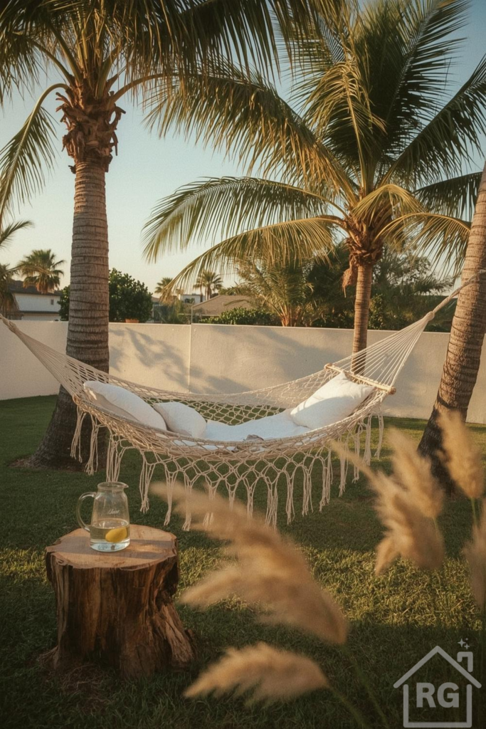 A serene backyard scene featuring a cream macrame hammock strung between two palm trees. A rustic tree stump serves as a side table next to the hammock, holding a glass pitcher of water with lemon.