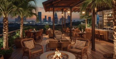 A luxurious rooftop patio at dusk, featuring a central stone fire pit surrounded by comfortable wicker armchairs. The space boasts a wooden deck, a pergola with string lights, and large palm trees, all set against a vibrant sunset sky and a twinkling city skyline.