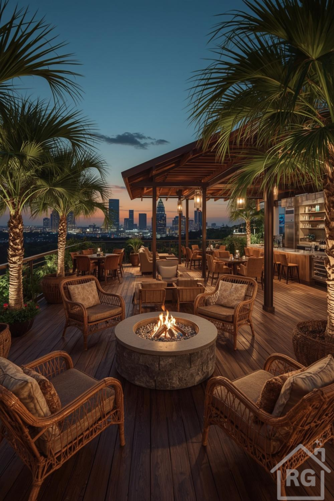 A luxurious rooftop patio at dusk, featuring a central stone fire pit surrounded by comfortable wicker armchairs. The space boasts a wooden deck, a pergola with string lights, and large palm trees, all set against a vibrant sunset sky and a twinkling city skyline.