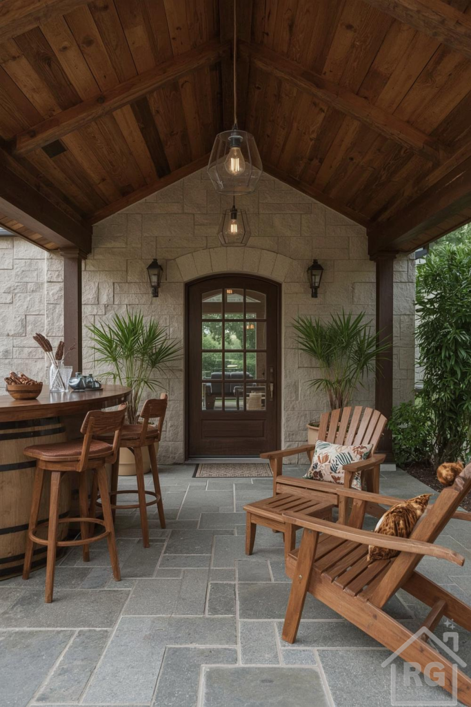 A rustic modern outdoor patio featuring a wooden bar with stools, two wooden Adirondack chairs, and potted palm plants. The patio has a stone paver floor, a stone wall, and a wood-paneled ceiling with pendant lights.