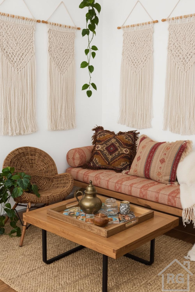 A cozy boho living room featuring a wooden daybed with terracotta cushions, a rattan chair, and a wooden coffee table on a jute rug. The white walls are adorned with macrame wall hangings, and a trailing plant adds a touch of greenery, creating a warm and inviting space.