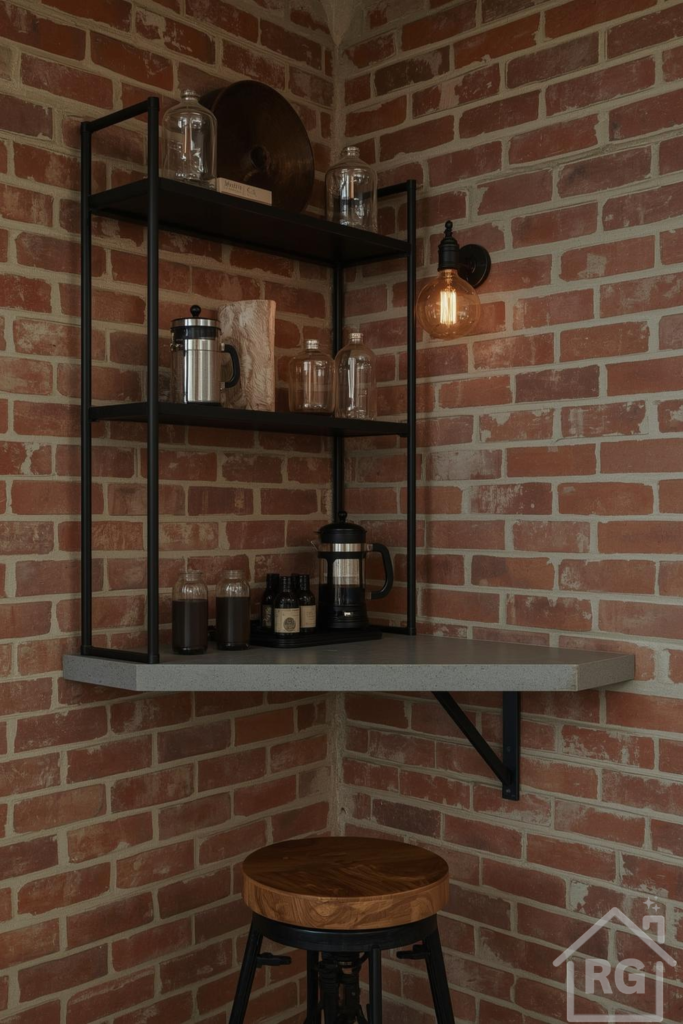 A stylish industrial loft coffee corner featuring exposed red brick walls, black metal shelving, and a grey countertop. The space is illuminated by a warm Edison bulb sconce and includes two French presses, glass jars, and a wooden bar stool, creating a cozy and functional brew station.