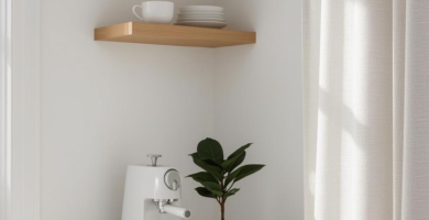 A bright and minimalist Scandinavian coffee corner featuring a white marble round table, a white espresso machine, and a potted plant. Two light wood floating shelves above hold white ceramic cups and plates, while sheer white curtains filter natural light, creating a serene and inviting space.