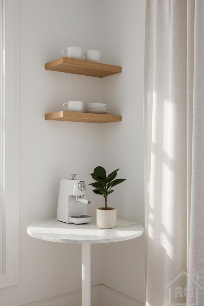 A bright and minimalist Scandinavian coffee corner featuring a white marble round table, a white espresso machine, and a potted plant. Two light wood floating shelves above hold white ceramic cups and plates, while sheer white curtains filter natural light, creating a serene and inviting space.