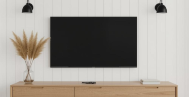 A minimalist Scandinavian living room featuring a white shiplap accent wall with a wall-mounted TV. Below the TV is a light wood floating TV console, flanked by two black matte wall sconces. A glass vase with pampas grass sits on the left side of the console, and a light beige woven rug covers the floor, showcasing a modern tv wall design.