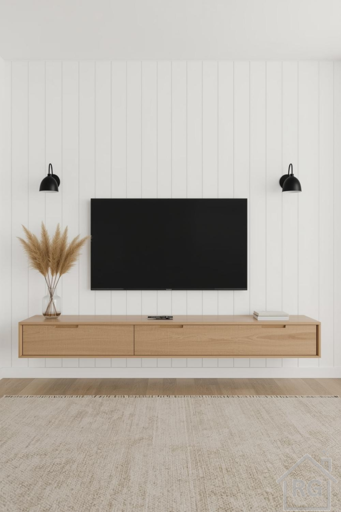 A minimalist Scandinavian living room featuring a white shiplap accent wall with a wall-mounted TV. Below the TV is a light wood floating TV console, flanked by two black matte wall sconces. A glass vase with pampas grass sits on the left side of the console, and a light beige woven rug covers the floor, showcasing a modern tv wall design.