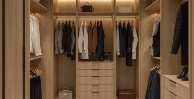 A spacious and well-lit walk-in closet featuring light wood cabinetry, integrated shelving, hanging rods, and multiple drawers for optimal organization. A plush cream area rug covers the floor, adding warmth to this luxurious storage space.