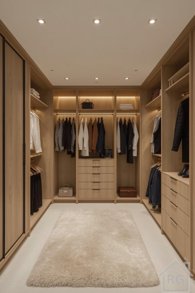 A spacious and well-lit walk-in closet featuring light wood cabinetry, integrated shelving, hanging rods, and multiple drawers for optimal organization. A plush cream area rug covers the floor, adding warmth to this luxurious storage space.