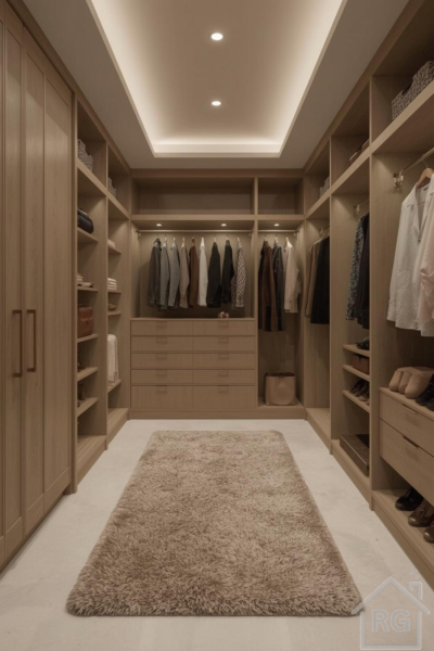 A spacious and well-lit walk-in closet featuring light wood built-in cabinetry, open shelving, hanging rods, and a large central drawer unit. A soft beige shag rug covers the light-colored floor, enhancing the luxurious feel of this organized dressing room.