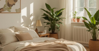 A bright and cozy earthy bedroom featuring a bed with cream linen bedding, a beige knit throw, and a jute rug. Large green plants, a wooden bedside table with a lamp, and a framed map on the wall complete this serene space.