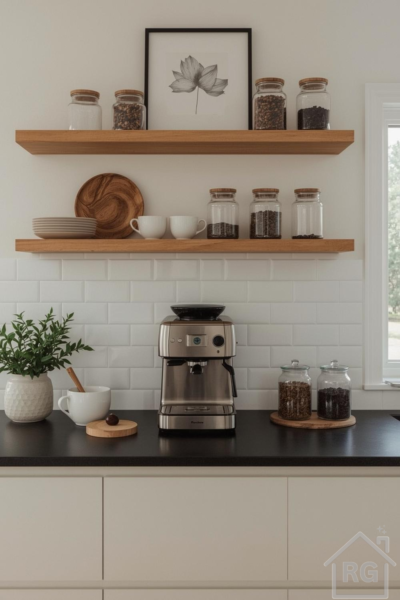 A modern kitchen coffee station featuring two natural wood floating shelves above a white subway tile backsplash and a dark countertop. A stainless steel espresso machine is centered on the counter, flanked by a potted green plant and glass jars filled with coffee beans, creating a warm and inviting coffee station setup.