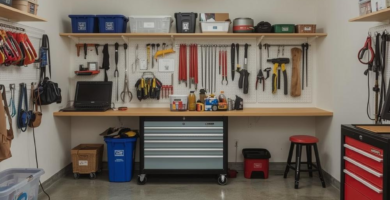 A well-organized garage workshop featuring a long wooden workbench, white pegboards with hanging tools, and rolling tool chests in grey and red. This image highlights effective garage organization ideas for tools and supplies.