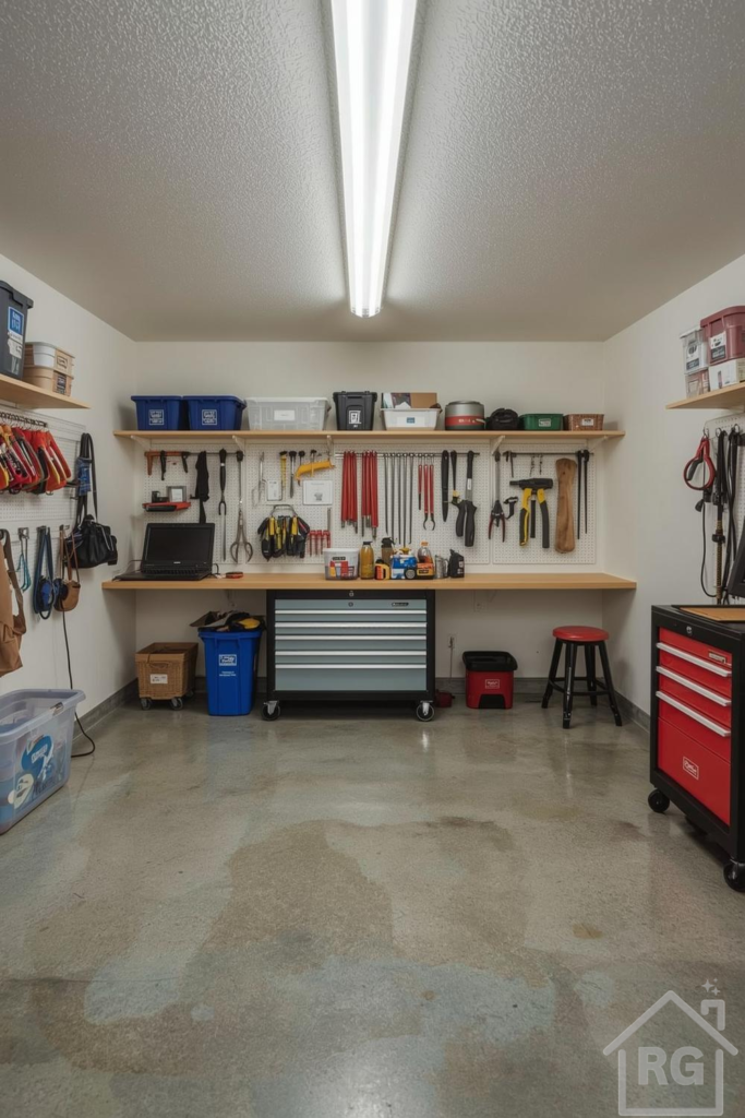 A well-organized garage workshop featuring a long wooden workbench, white pegboards with hanging tools, and rolling tool chests in grey and red. This image highlights effective garage organization ideas for tools and supplies.