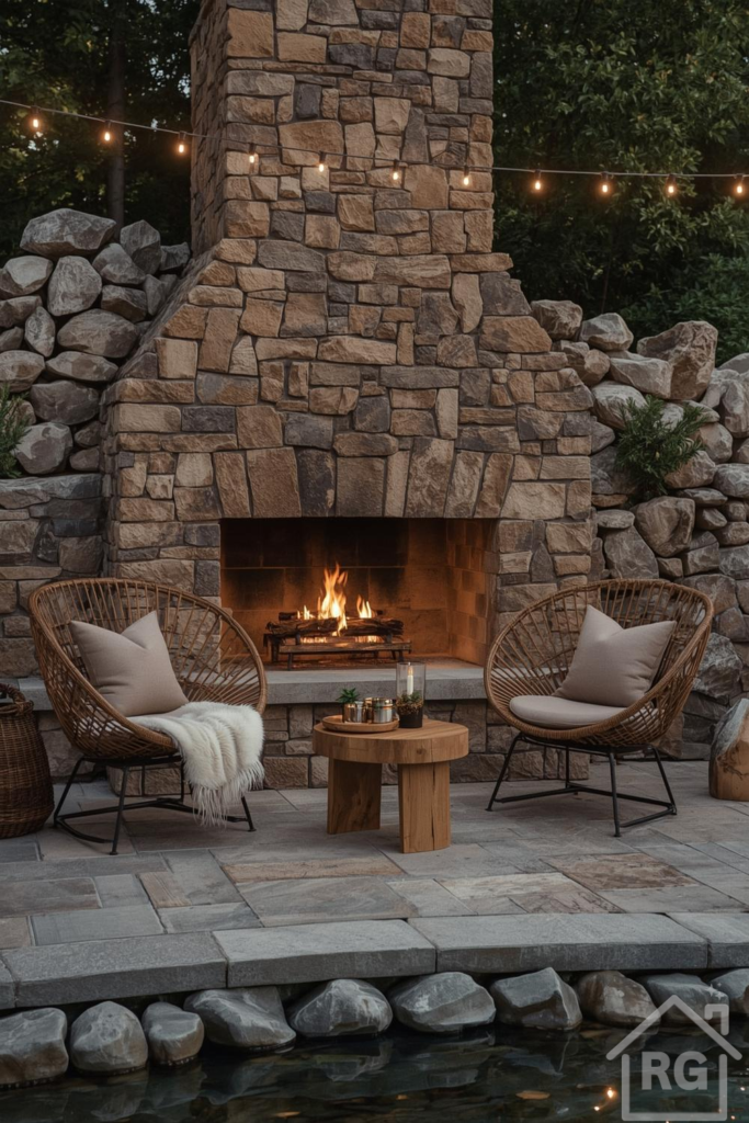 A beautifully designed outdoor patio features a large stone outdoor fireplace with a roaring fire, flanked by two comfortable wicker lounge chairs with beige cushions. Overhead string lights add a warm glow, and a small wooden table holds a candle and decor, all set against a backdrop of natural stone walls and lush greenery, with a tranquil water feature in the foreground.