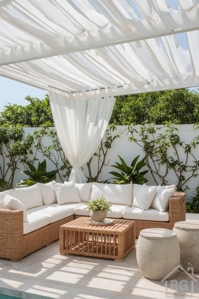 A bright and serene outdoor patio featuring a light brown wicker sectional sofa with white cushions, a matching wicker coffee table, and two light-colored concrete barrel stools. A white pergola with sheer white curtains provides shade, set against a white wall with climbing green foliage.
