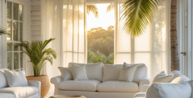 A bright and airy coastal sunroom featuring white slipcovered sofas, rattan coffee tables, and a large jute rug. Lush palm trees and sheer white curtains frame large windows, allowing golden sunlight to flood the tropical-inspired living space.