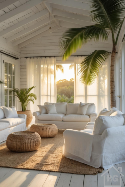 A bright and airy coastal sunroom featuring white slipcovered sofas, rattan coffee tables, and a large jute rug. Lush palm trees and sheer white curtains frame large windows, allowing golden sunlight to flood the tropical-inspired living space.