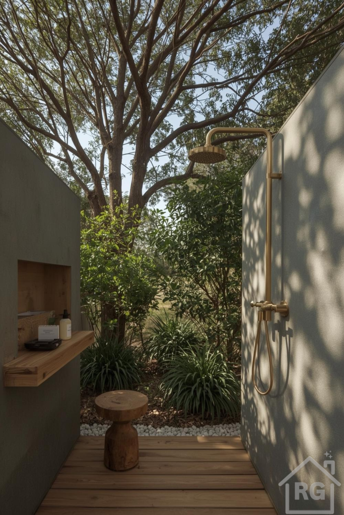 An inviting outdoor shower area featuring a brass shower fixture mounted on a grey concrete wall, a wooden slatted deck, and a wooden stool, surrounded by lush green foliage and a large tree. White pebbles line the base of the wall, adding a natural touch to this serene bathing space.