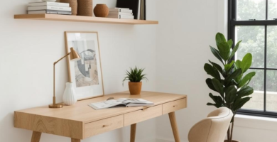 A bright and minimalist Scandinavian home office featuring a light wooden desk, a beige upholstered chair, and floating shelves adorned with books and decorative vases. A large fiddle leaf fig plant adds a touch of greenery next to a black-framed window, enhancing the serene and productive atmosphere.