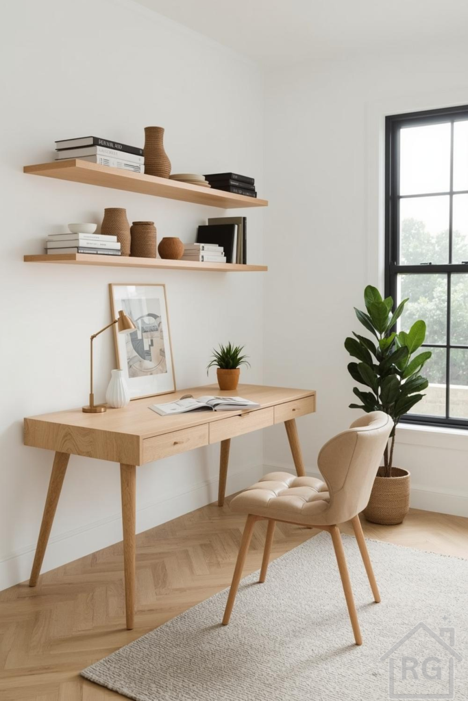 A bright and minimalist Scandinavian home office featuring a light wooden desk, a beige upholstered chair, and floating shelves adorned with books and decorative vases. A large fiddle leaf fig plant adds a touch of greenery next to a black-framed window, enhancing the serene and productive atmosphere.