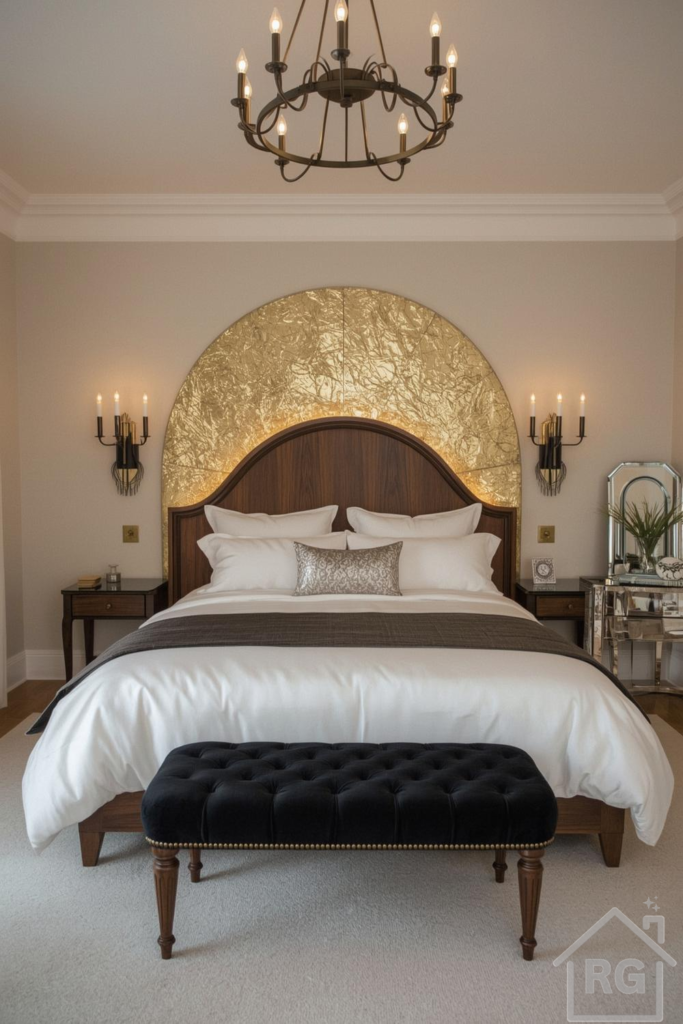 A luxurious and classy bedroom featuring a large bed with a dark wood frame and a striking gold leaf arched headboard. The room is decorated with a black tufted velvet bench, dark wood nightstands, elegant wall sconces, and a chandelier, creating a sophisticated and inviting atmosphere.