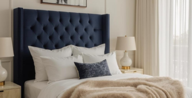 A classy bedroom featuring a navy blue tufted bed with white bedding and a faux fur throw. The room is decorated with two elegant nightstands, table lamps, and abstract wall art, creating a luxurious and serene atmosphere.