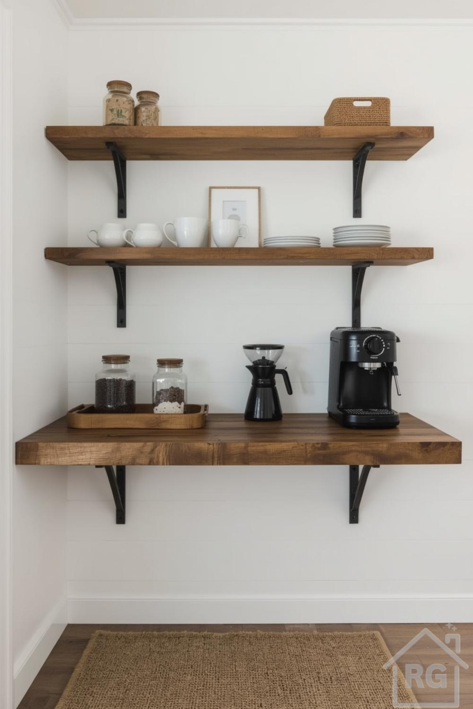 A rustic farmhouse style coffee corner featuring three open wooden shelves mounted on white shiplap walls. The shelves hold a coffee maker, coffee grinder, ceramic mugs, plates, glass jars, and a woven basket, with a jute rug on the wood floor below.