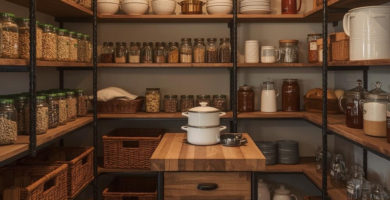 A well-organized modern farmhouse walk-in pantry featuring dark wood open shelving, black metal frames, and a central rolling island. The shelves are filled with glass jars of dry goods, white ceramic dishes, and wicker baskets, showcasing efficient and stylish storage.