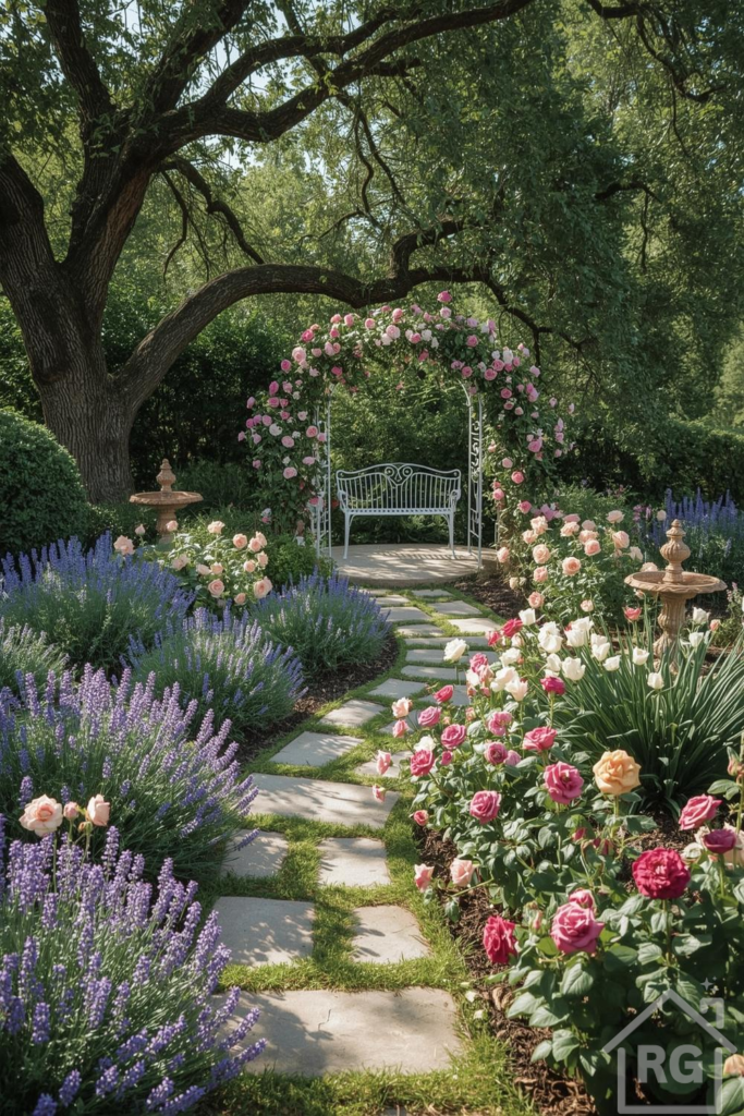 A picturesque garden path made of square stone pavers winds through lush green grass, flanked by vibrant lavender bushes and blooming rose beds in shades of pink, white, and peach. The path leads to a white wrought iron arch covered in pink climbing roses, with a matching bench beneath, all shaded by a large mature tree.