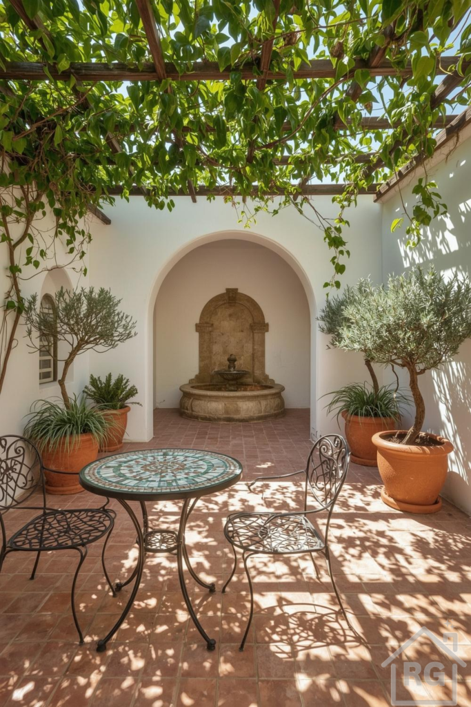 A sun-dappled Mediterranean courtyard garden featuring a wrought iron bistro set, terracotta planters with olive trees, and a stone wall fountain under a leafy pergola. The space is paved with terracotta tiles and enclosed by white stucco walls, creating a serene outdoor oasis.