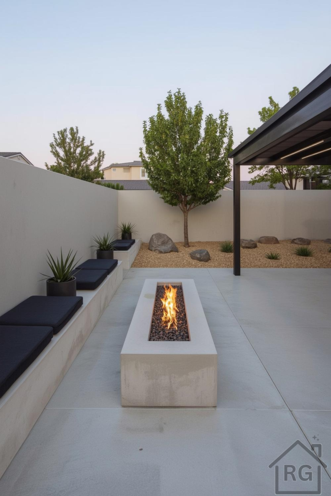 A modern backyard patio featuring a long concrete fire pit with a flickering flame, surrounded by light grey concrete paving. Built-in concrete benches with dark cushions line one wall, while a gravel bed with sparse green plants and large rocks occupies the far side, all under a dark metal pergola.