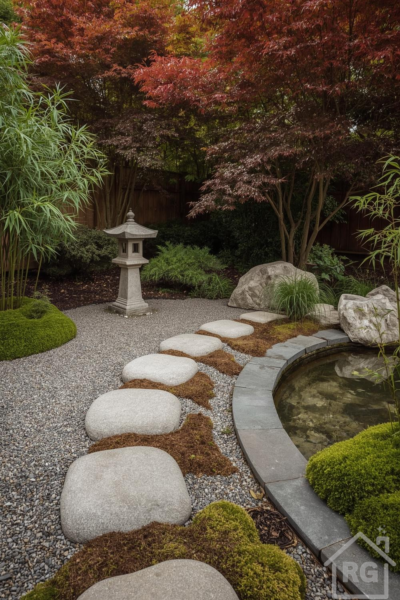 A tranquil Zen garden features a winding path of large, smooth stepping stones over gravel, leading past a traditional stone lantern and a serene pond. Vibrant red Japanese maples and lush green bamboo frame the scene, creating a peaceful autumn landscape.