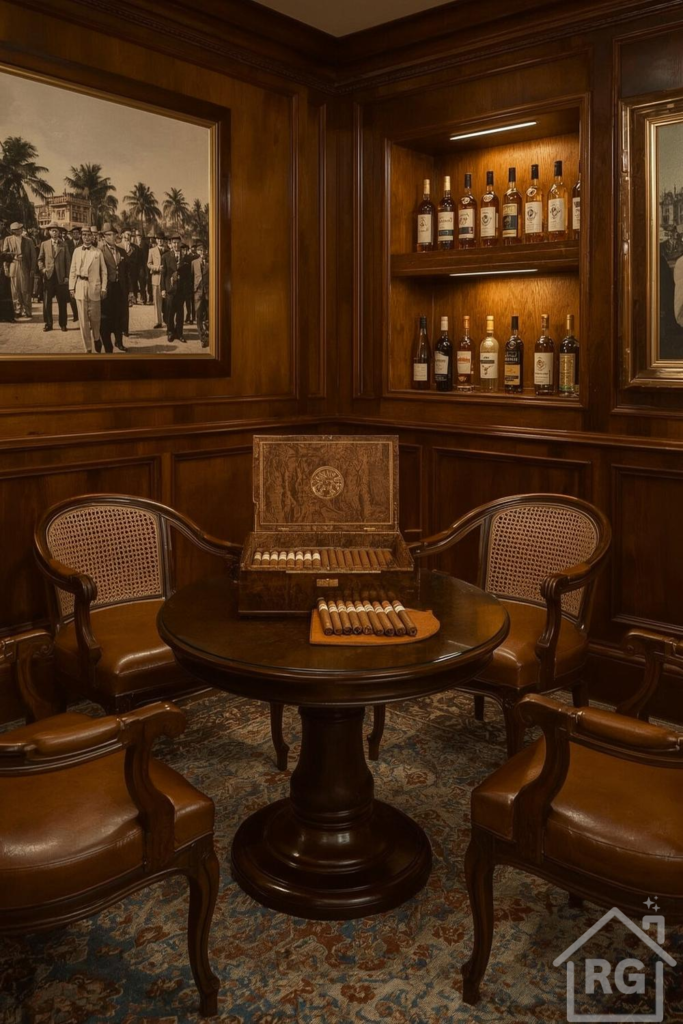 A luxurious, traditional cigar lounge featuring dark wood paneling, four brown leather armchairs, a round table with an open humidor, and built-in shelves displaying liquor bottles. A large framed black and white artwork hangs on the wall, and an ornate area rug covers the floor.
