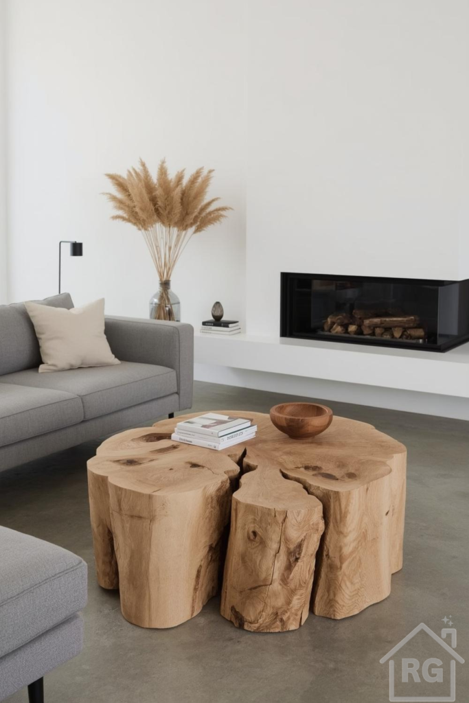 A minimalist living room featuring a large, natural wood rustic coffee table made from a tree stump. The room includes a light grey sofa, a modern black fireplace, and pampas grass in a clear vase, creating a serene and organic modern aesthetic.