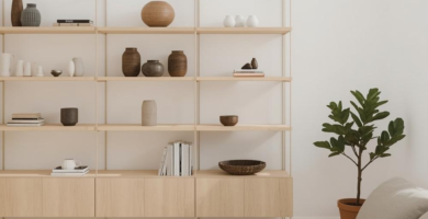 A bright, minimalist living room featuring a large light wood shelving unit filled with ceramic decor and books. A light beige sectional sofa, a white marble coffee table, and a green plant complete this serene, neutral interior design.