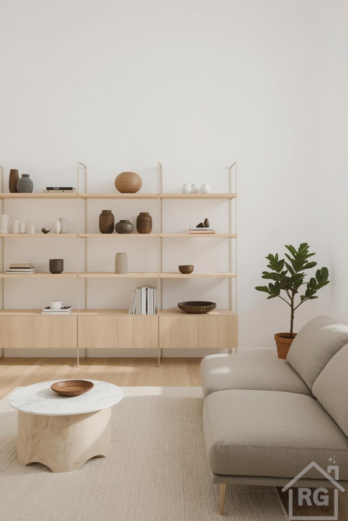 A bright, minimalist living room featuring a large light wood shelving unit filled with ceramic decor and books. A light beige sectional sofa, a white marble coffee table, and a green plant complete this serene, neutral interior design.