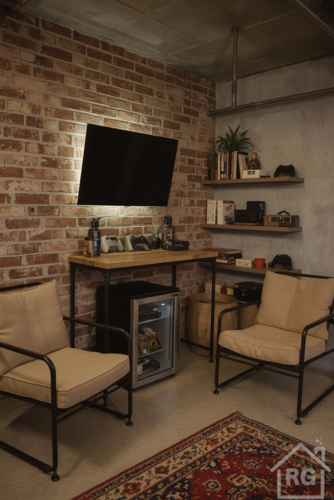 A cozy and functional small man cave featuring an exposed brick wall, concrete ceiling, and industrial-style furniture. The room includes two beige armchairs, a wooden console table with a wall-mounted TV and gaming setup, floating shelves with books and decor, a mini-fridge, and a patterned area rug. This space is designed for relaxation and entertainment, ideal for a small man cave or garage conversion.