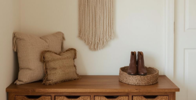 A cozy boho entryway featuring a wooden shoe rack bench with woven storage baskets. The space is decorated with a woven pendant light, macrame wall hanging, and natural fiber pillows, creating a warm and inviting atmosphere.