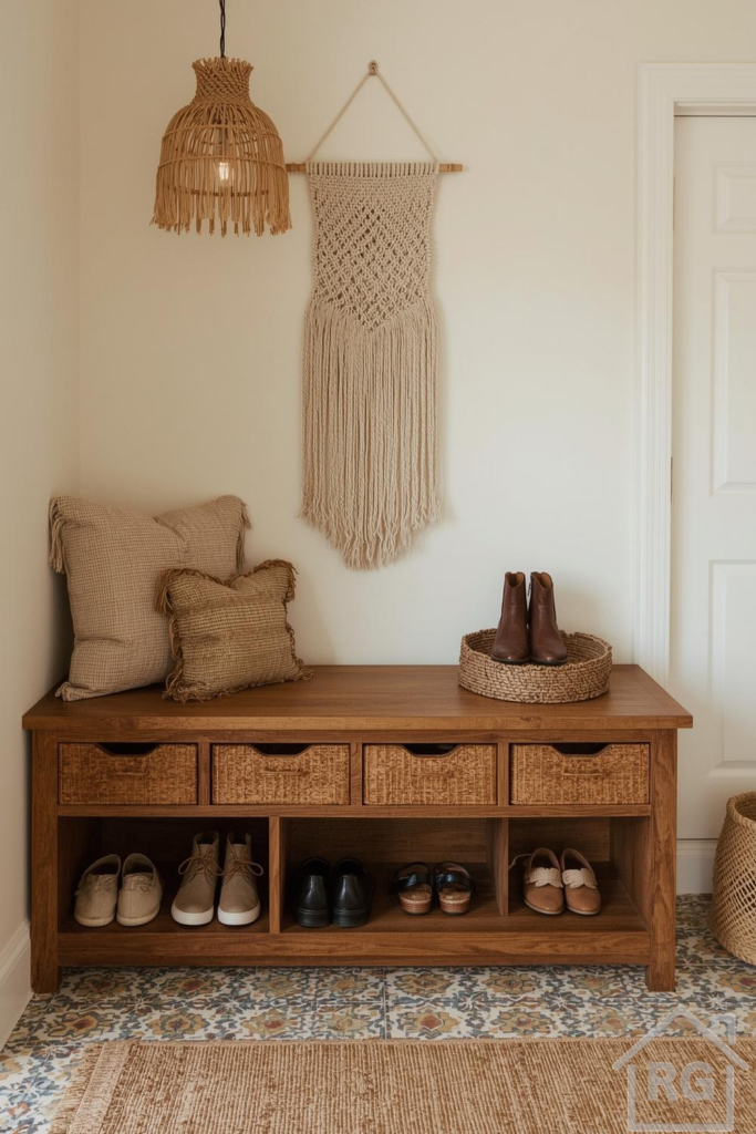 A cozy boho entryway featuring a wooden shoe rack bench with woven storage baskets. The space is decorated with a woven pendant light, macrame wall hanging, and natural fiber pillows, creating a warm and inviting atmosphere.