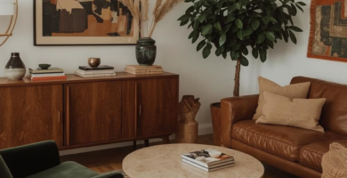 A cozy boho mid-century modern living room featuring a brown leather sofa, a dark green velvet armchair, a wood sideboard, and a travertine coffee table. The room is decorated with a large potted plant, pampas grass, abstract art, and a patterned area rug, creating a warm and inviting atmosphere.
