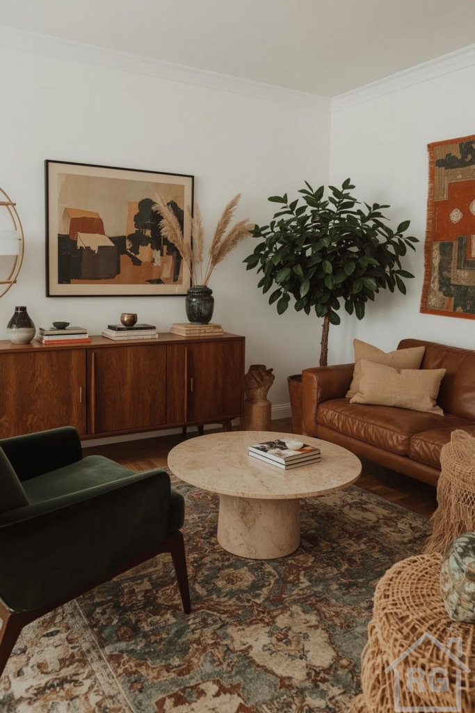 A cozy boho mid-century modern living room featuring a brown leather sofa, a dark green velvet armchair, a wood sideboard, and a travertine coffee table. The room is decorated with a large potted plant, pampas grass, abstract art, and a patterned area rug, creating a warm and inviting atmosphere.