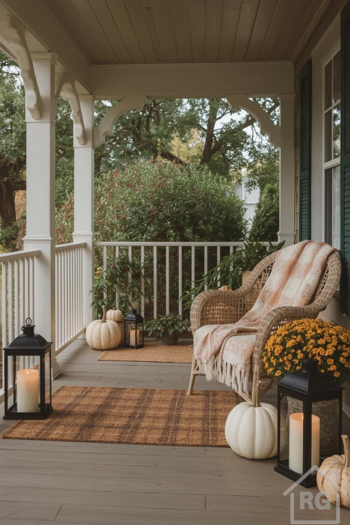 A welcoming fall porch scene with a wicker armchair, plaid rug, white pumpkins, and black lanterns, set against a backdrop of green foliage and white porch railings. The space exudes a cozy autumn ambiance.