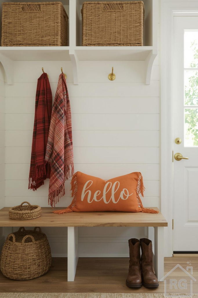 A cozy and functional mudroom entryway featuring white shiplap walls, a light wood bench, and built-in shelving. The space is decorated with fall decor including an orange "hello" pillow, plaid scarves, and wicker baskets, creating a warm and inviting atmosphere.