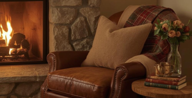 A cozy living room corner featuring a roaring fireplace with a stone surround and a wooden mantel decorated with a Christmas garland. A warm brown leather armchair with a beige pillow and plaid throw blanket sits beside a round wooden side table holding books, a teacup, and a vase of fresh flowers. A chunky knit pouf rests on an area rug, completing this inviting fall scene.