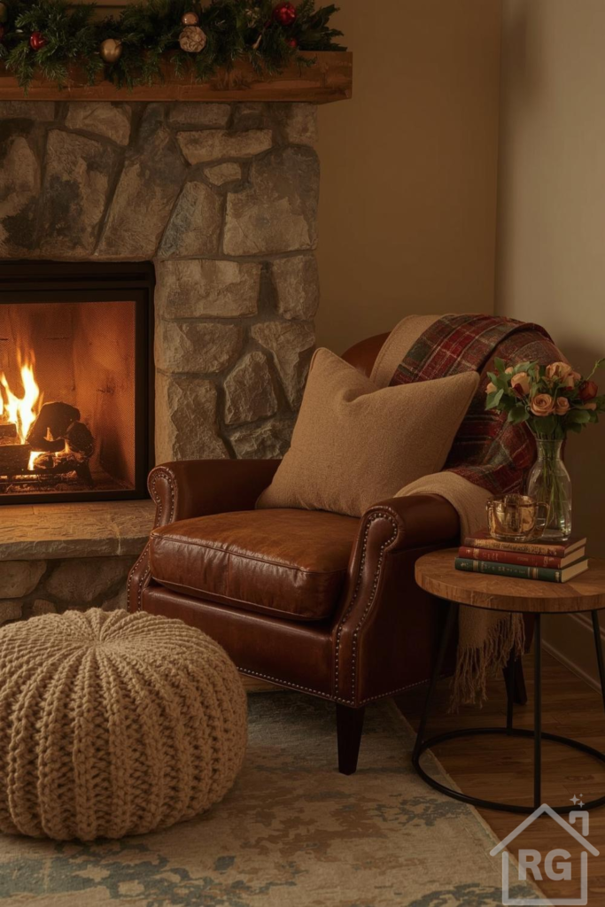A cozy living room corner featuring a roaring fireplace with a stone surround and a wooden mantel decorated with a Christmas garland. A warm brown leather armchair with a beige pillow and plaid throw blanket sits beside a round wooden side table holding books, a teacup, and a vase of fresh flowers. A chunky knit pouf rests on an area rug, completing this inviting fall scene.