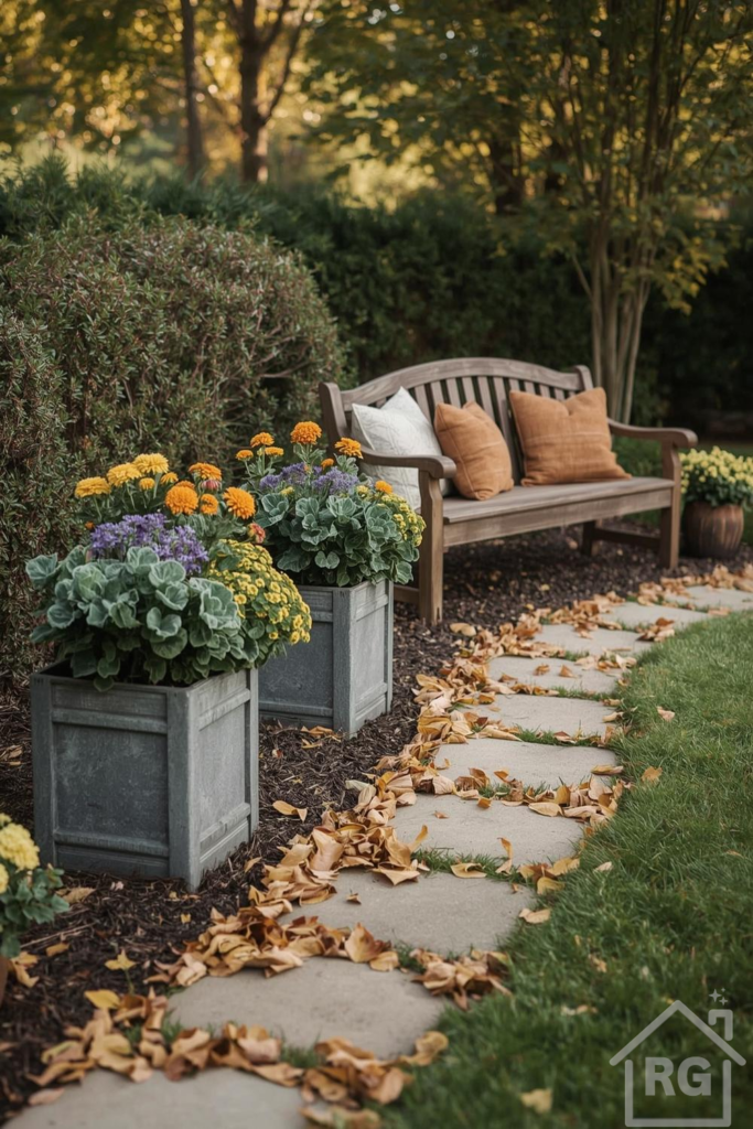 A charming back yard garden path in autumn, featuring irregular concrete stepping stones surrounded by dark mulch and fallen leaves. A rustic wooden bench with cream and rust-colored pillows sits beside two large galvanized metal planters overflowing with vibrant orange, yellow, and purple fall flowers and ornamental kale.